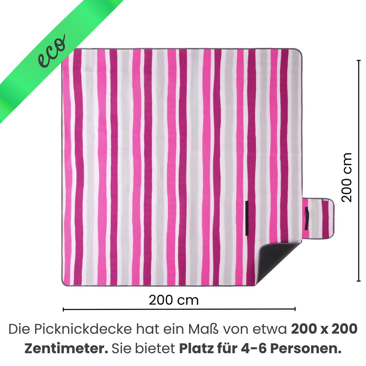 PICKNICKDECKE XXL 200x200 ecoline 100% recyceltes Fleece Streifen pink - Weiß, Textil (200/200cm) - wometo