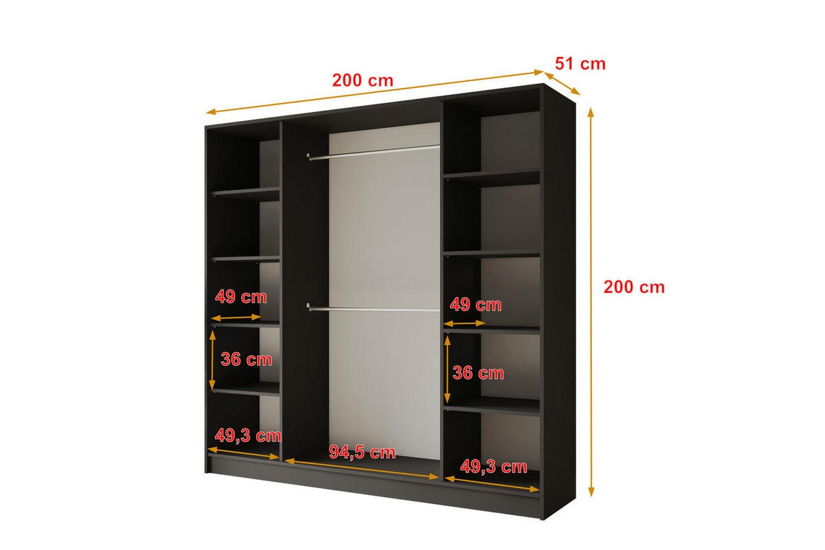 KLEIDERSCHRANK - LUSSO - 200 - Schwarz - Schwarz Hochglanz/Schwarz, Holzwerkstoff (200/200/51cm) - ALTDECOR