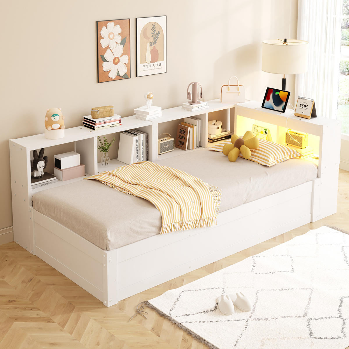 SCHLAFSOFA 90x200cm LED Stauraum Steckdose Massivholz Weiß - Weiß, Holzwerkstoff (90/200cm) - FLIEKS