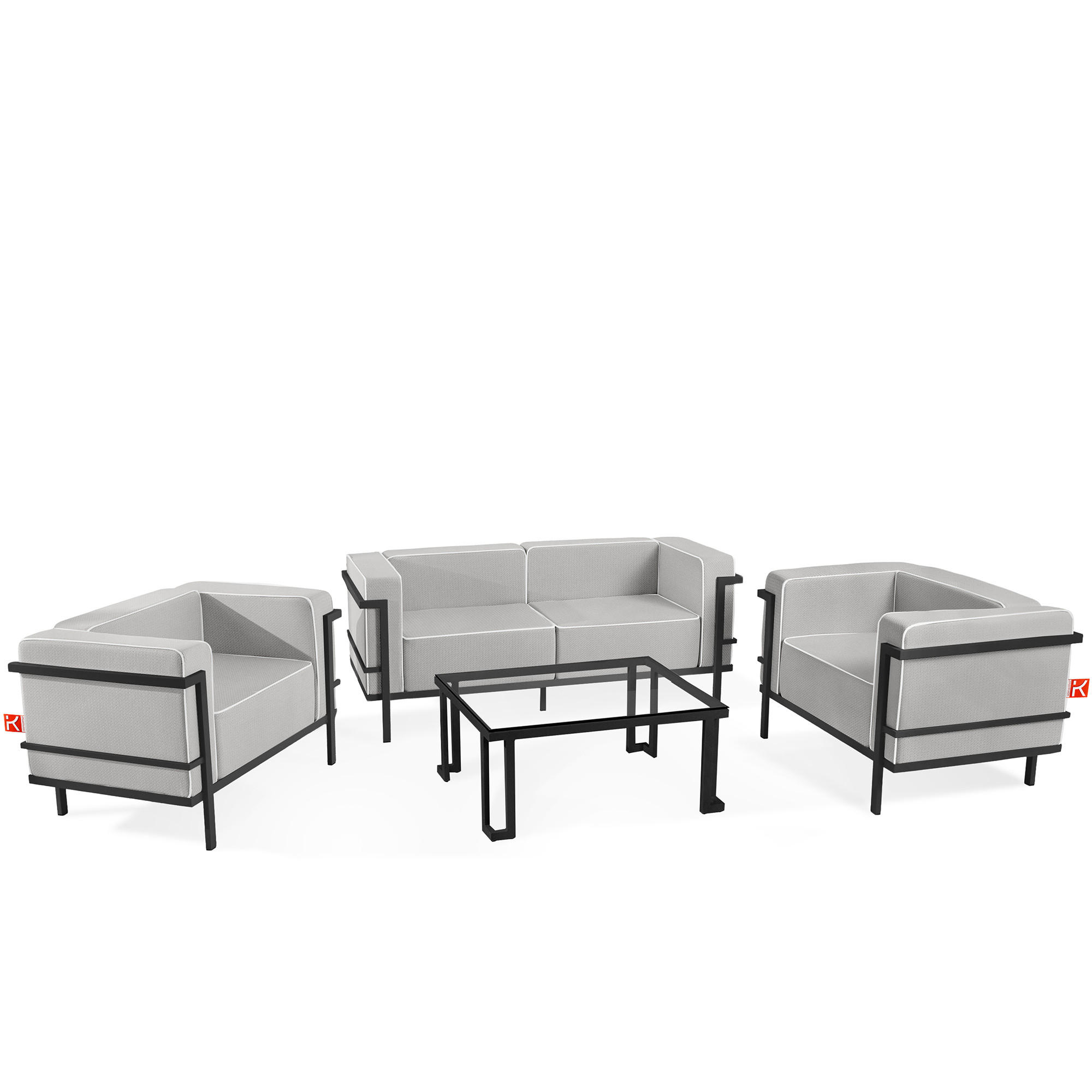 GARTENLOUNGE-SET TRIGLO 4-tlg., 1x Tisch, 2x Sessel, 1x Sofa 2-Sitzer, Modern, Dunkelgrau - Dunkelgrau/Weiß, Glas/Textil - KONSIMO®