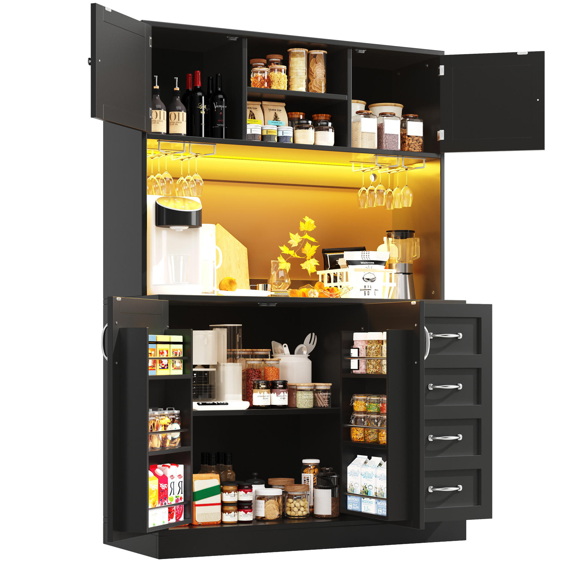 OKWISH PŘÍBORNÍK 120/40/188 cm černý z MDF s LED osvětlením a držáky na nápoje