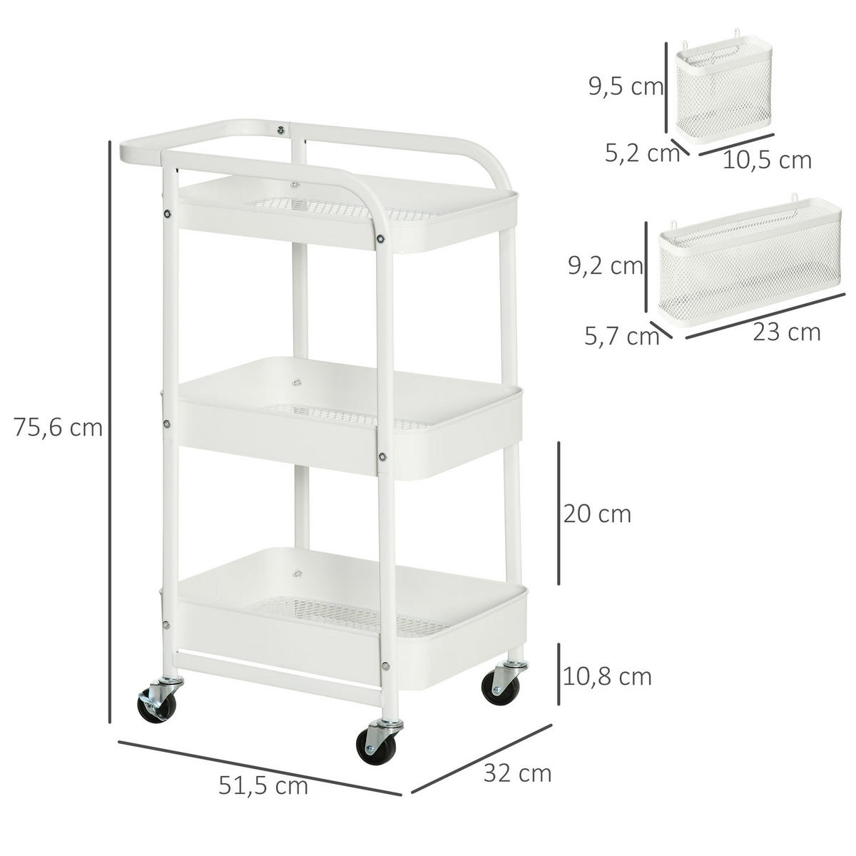 ROLLWAGEN, Servierwagen, Stahl, Weiß - Weiß, Metall (32/75.6/51.5cm) - HOMCOM