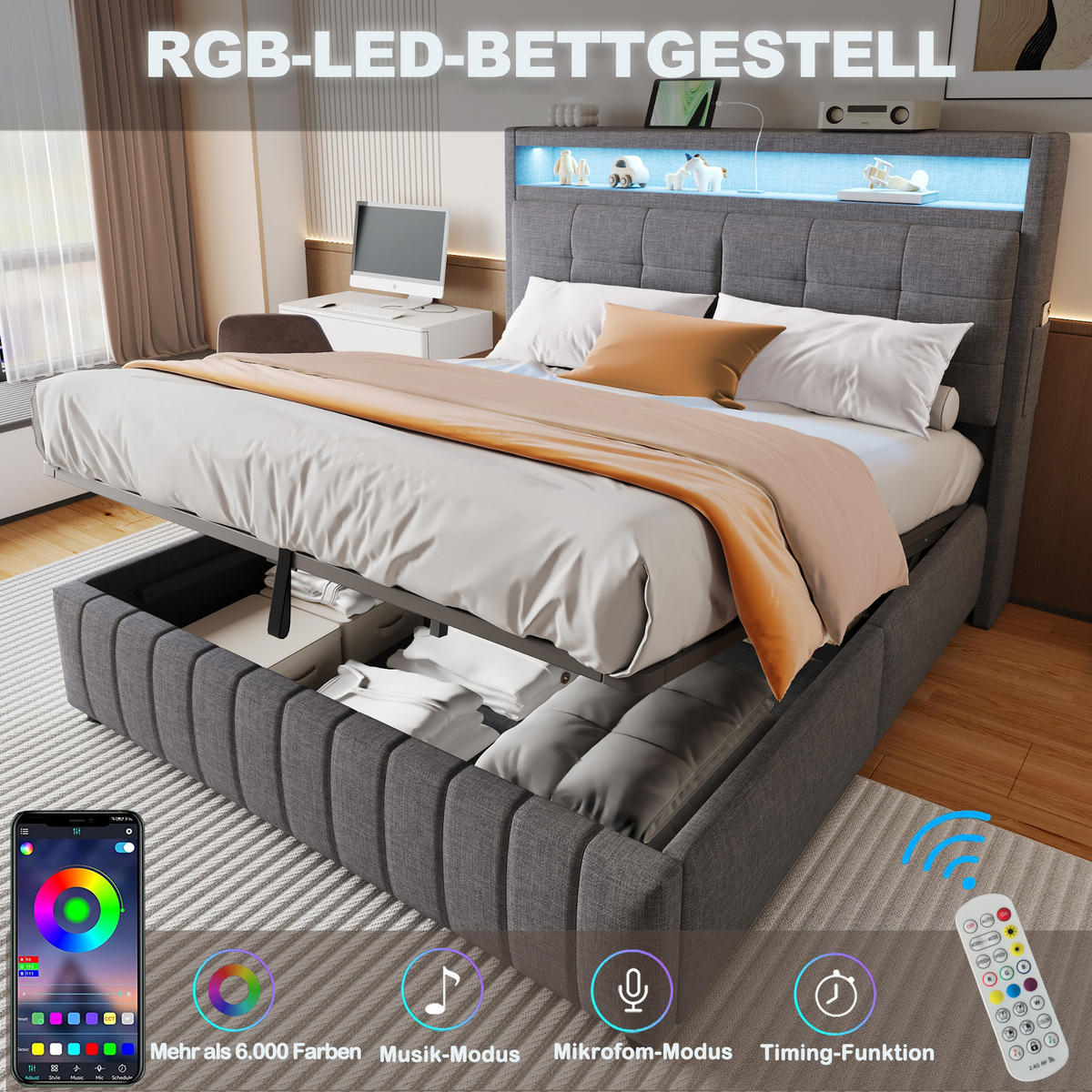 POLSTERBETT 160x200 cm Grau LED USB Stauraum Hydraulik Lattenrost - Grau, Holzwerkstoff - FLIEKS