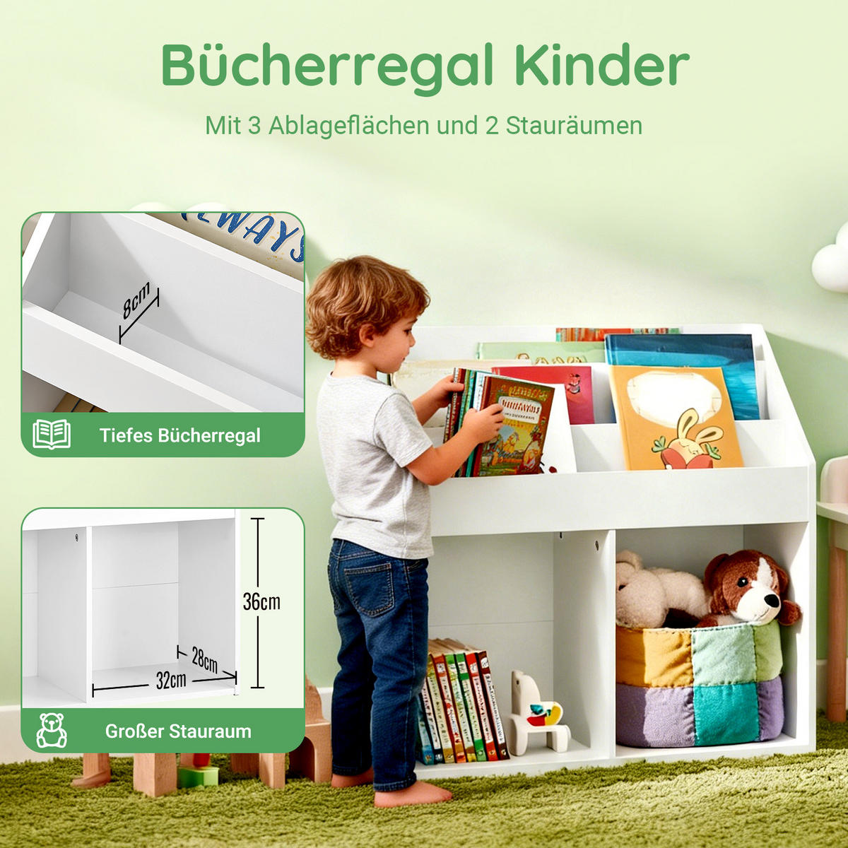 KINDER-BÜCHERREGAL, Kinderregal für Spielzeug, Weiß 68x68x30cm - Weiß, Holzwerkstoff (68/68/30cm) - SoBuy