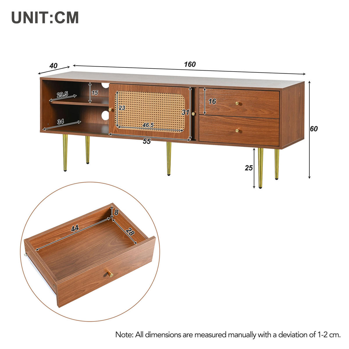 TV-LOWBOARD aus MDF 160x40x60 cm Walnuss mit Schiebetüren, Schubladen und Kabeldurchlässen - Weiß, Holzwerkstoff (160/60/40cm) - Modfu