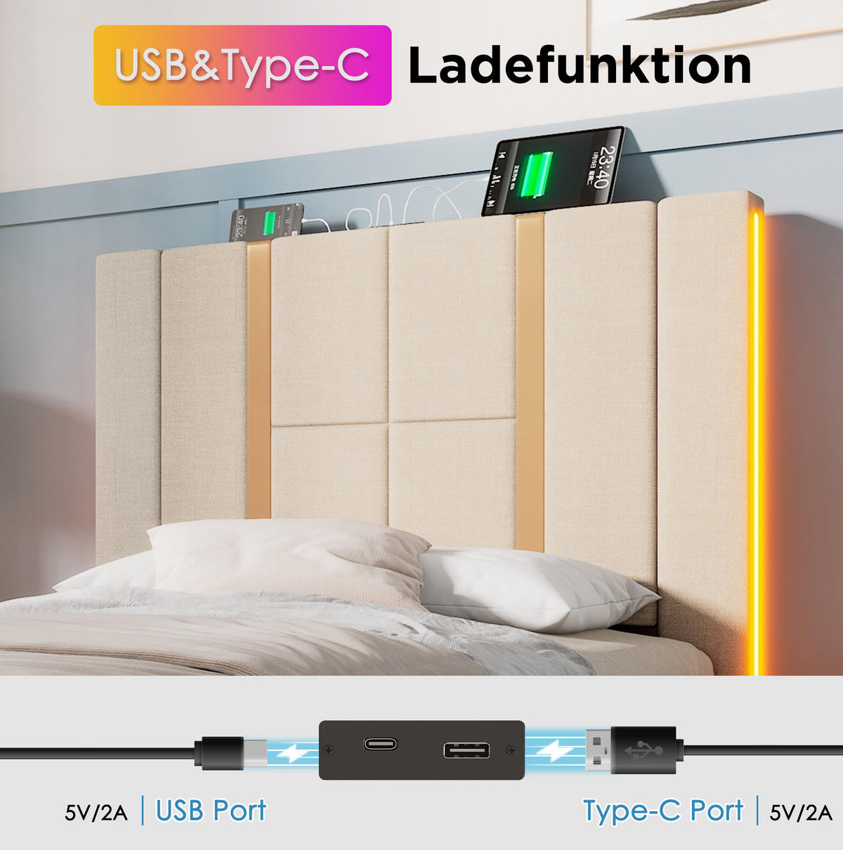 POLSTERBETT 90/200 cm Beige aus Leinen mit LED und USB-/Typ-C-Ladefunktion - Beige, Textil (90/200cm) - OKMYHOME