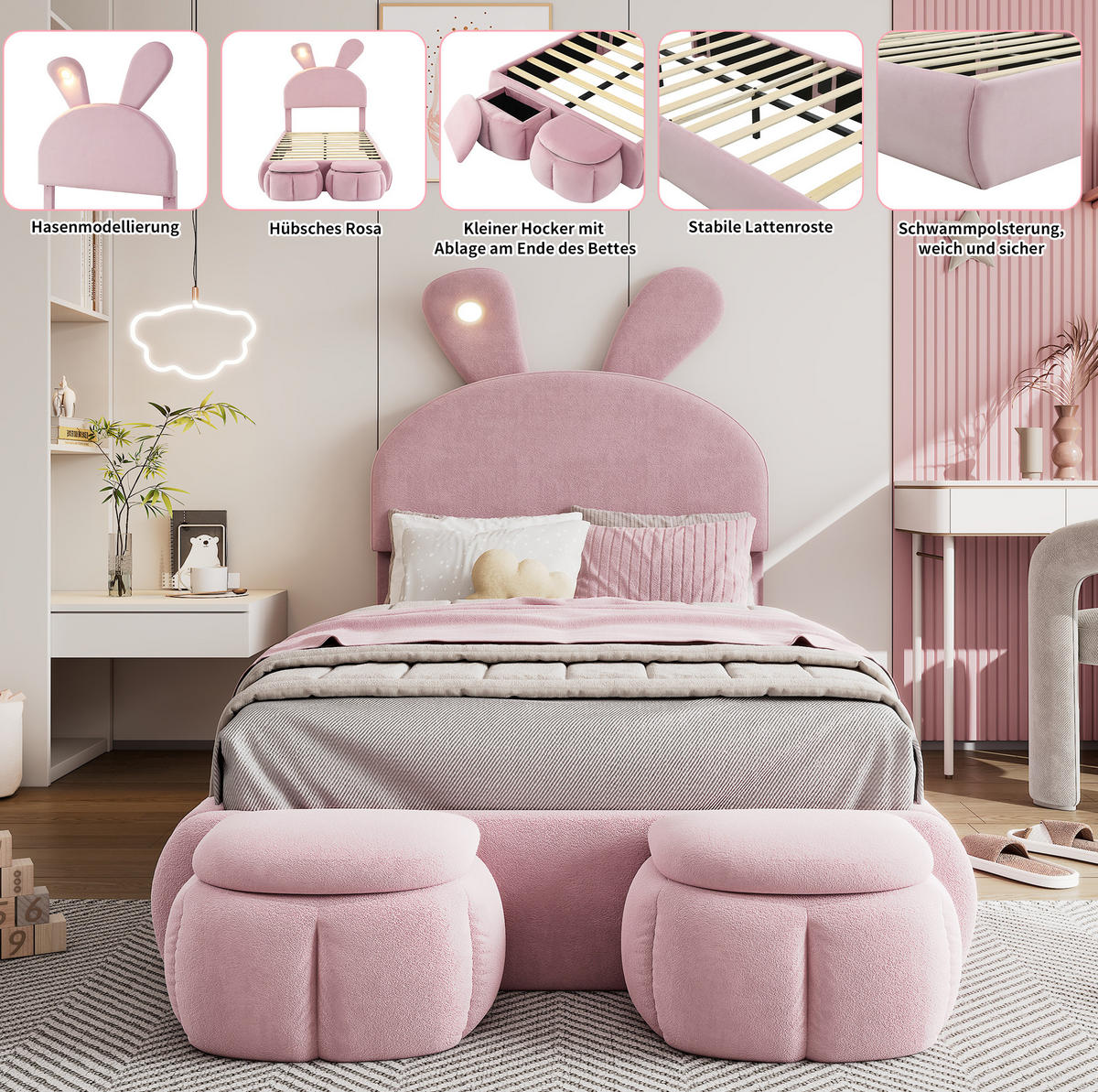 POLSTERBETT 90/200 cm Rosa aus Samt mit LED-Beleuchtung - Rosa, Textil (90/200cm) - OKMYHOME