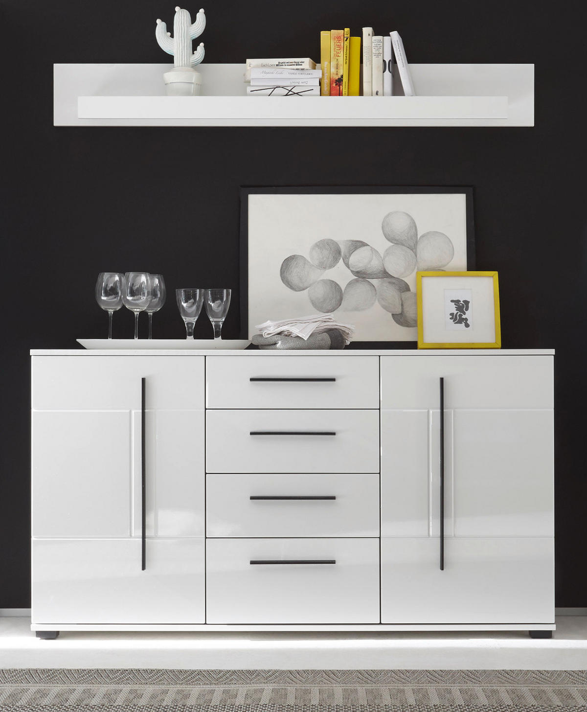 SIDEBOARD weiß Hochglanz 150 cm, Kommode mit Soft-Close - Weiß Hochglanz/Schwarz, Holzwerkstoff/Kunststoff (150/86/42cm) - Furn.Design