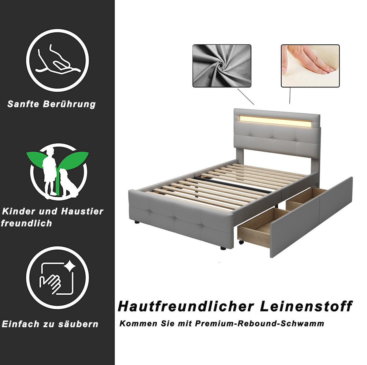 POLSTERBETT mit LED und 2 Schubladen 90x200 cm Grau - Grau, Holzwerkstoff (90/200cm) - Beauniv