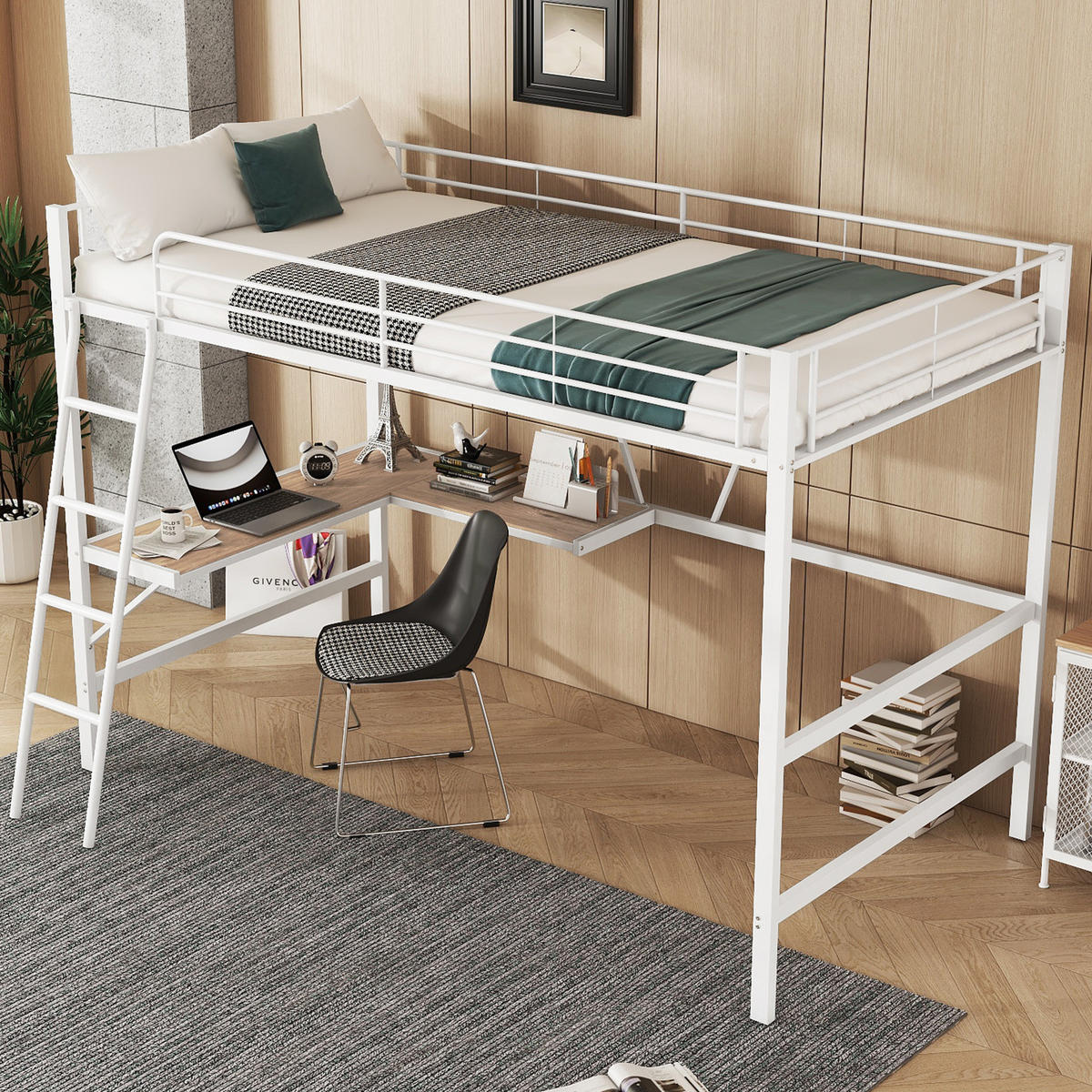 HOCHBETT 90/200 cm, Weiß mit L-förmigem Schreibtisch und Regal - Weiß, Metall (90/200cm) - MIVRAY