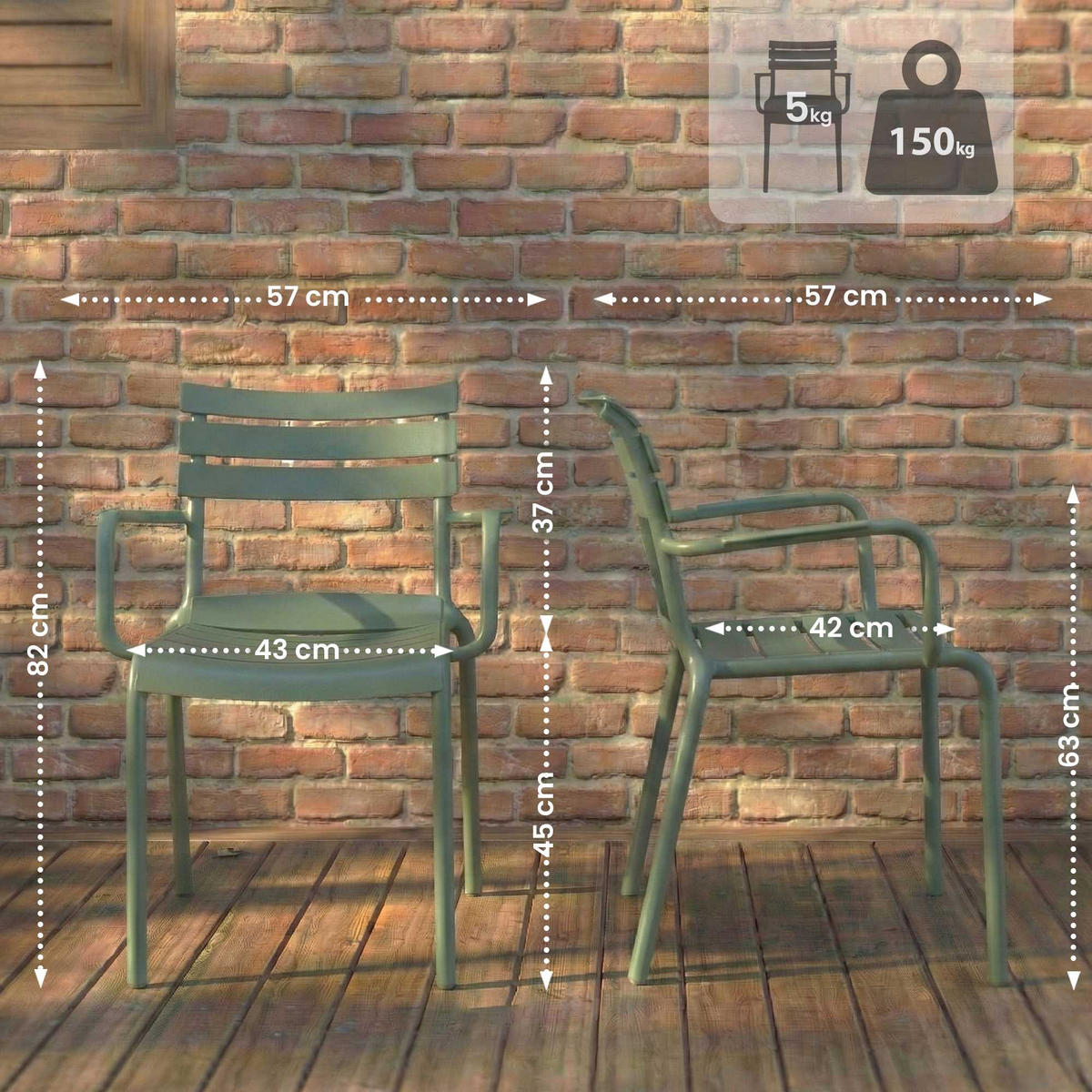 GARTENSTUHL Karl Armlehne 57x57x82cm Kunststoff Oliv Stapelstuhl - Olivgrün, Kunststoff (57/82/57cm) - DELUKE