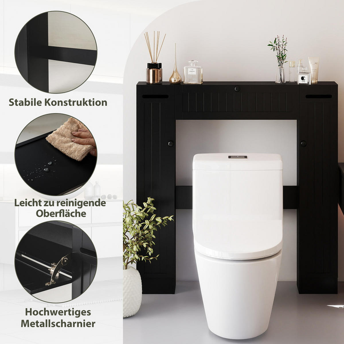TOILETTENSCHRANK mit Toilettenpapierhalter schwarz - Schwarz, Holzwerkstoff (89/99/19.5cm) - COSTWAY