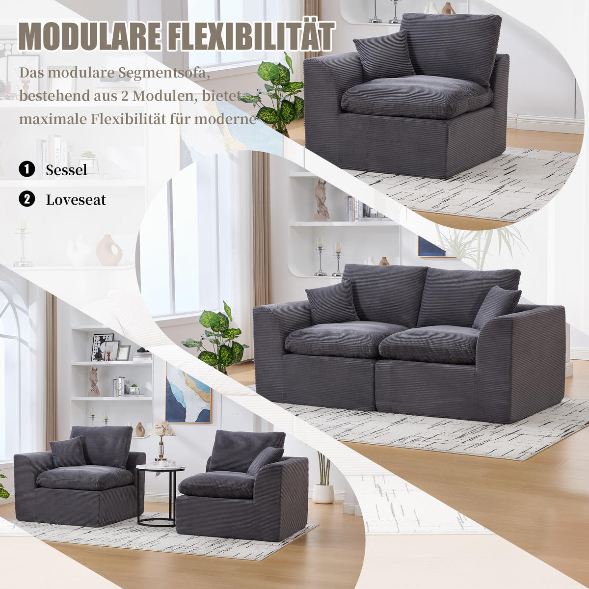 2-SITZER-SOFA XXL aus Cord mit Federkern-Polsterung Montagefrei - Dunkelgrau, Textil (204/84/102cm) - Urban Meuble