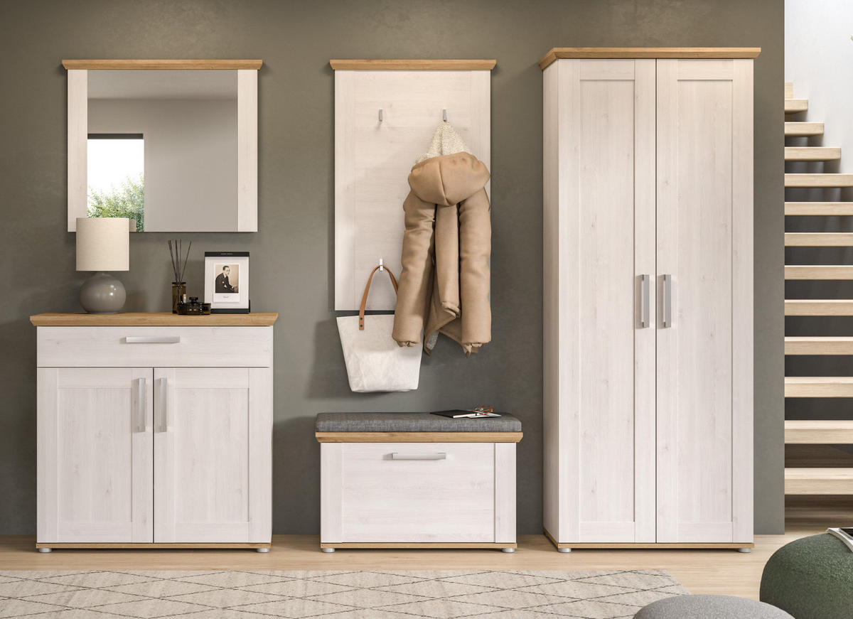 GARDEROBE Set 5-teilig weiß Lärche 285 cm, Komplettset im Landhaus-Stil - Silberfarben/Weiß, Glas/Holzwerkstoff (285/196/39cm) - Inn.Furn