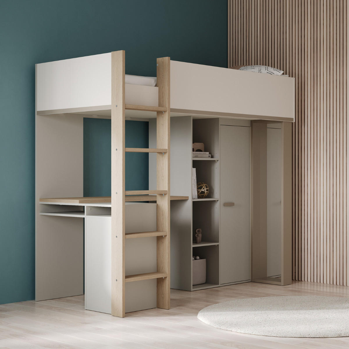 HOCHBETT mit schreibtisch und kleiderschrank - camillia 205,9/104,1/183 cm - Grau, Holzwerkstoff - Calicosy