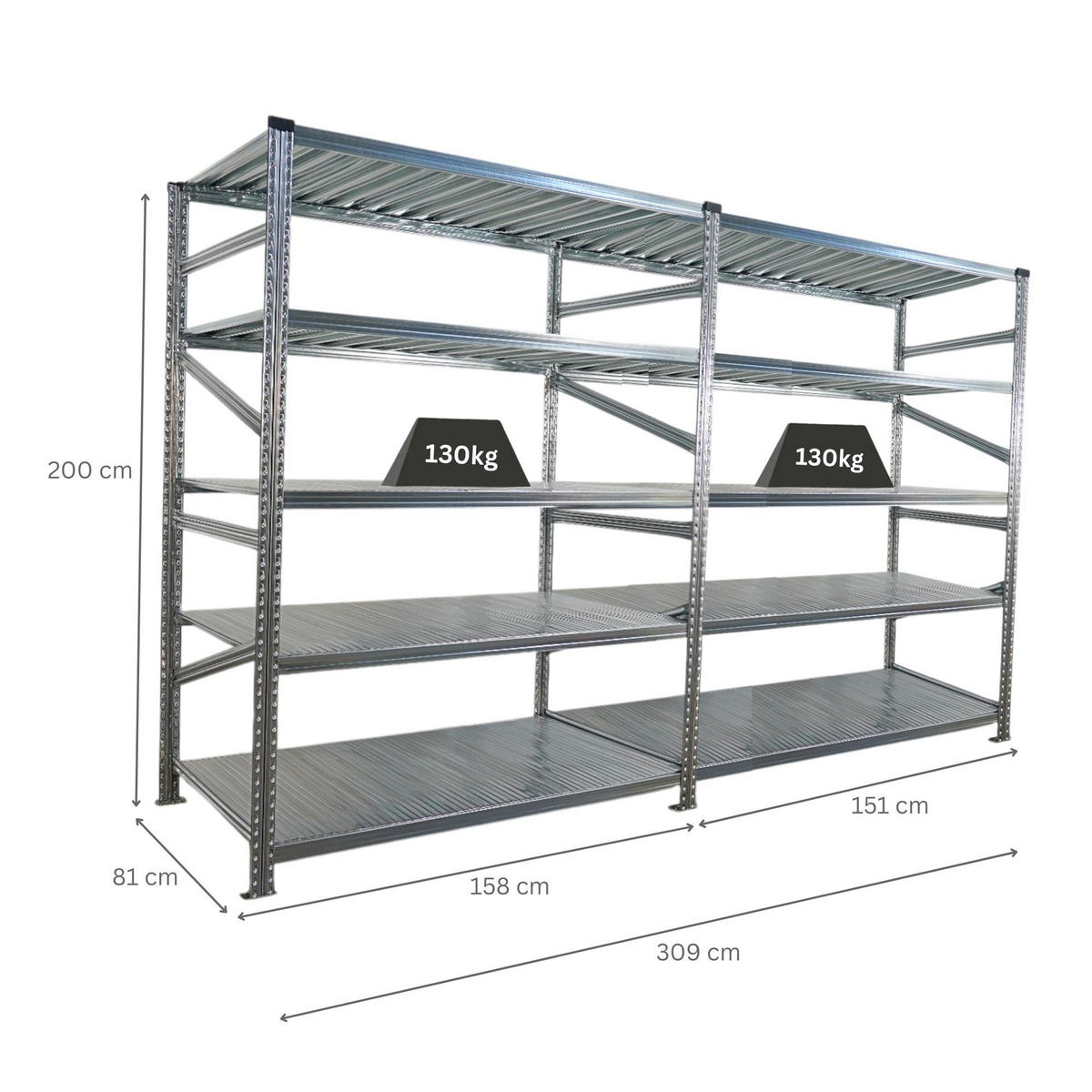 FACHBODENREGAL Proximo Stecksystem 200x300x80cm 5 Ebenen Fachlast 130 kg Beidseitig nutzbar Verzinkt - Silberfarben, Metall (300/200/80cm) - PROREGAL