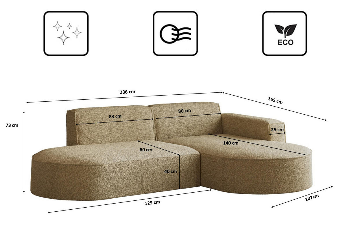 ECKSOFA Modena Studio, Stoff Quelle, Hellbraun Rechts - Hellbraun, Holz (236/165cm) - Kaiser Möbel