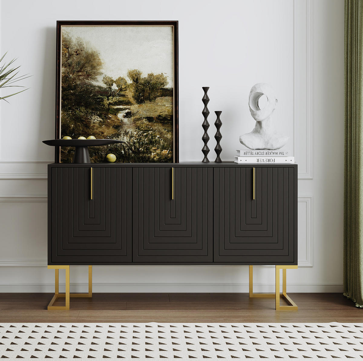 SIDEBOARD Schwarz mit 3 Türen und verstellbaren Regalböden,138/80.5/40 cm - Schwarz, Holzwerkstoff (138/80.5/40cm) - Flora Grace