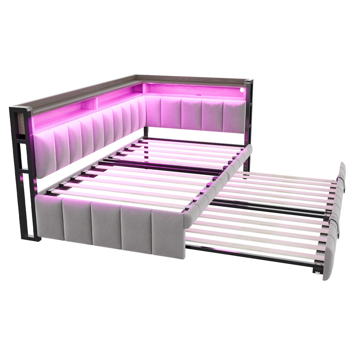AUSZIEHBETT 90/200 cm ausziehbar mit LED und USB, DE-41717, in Hellgrau - Hellgrau, Metall (90/200cm) - ComfortXL