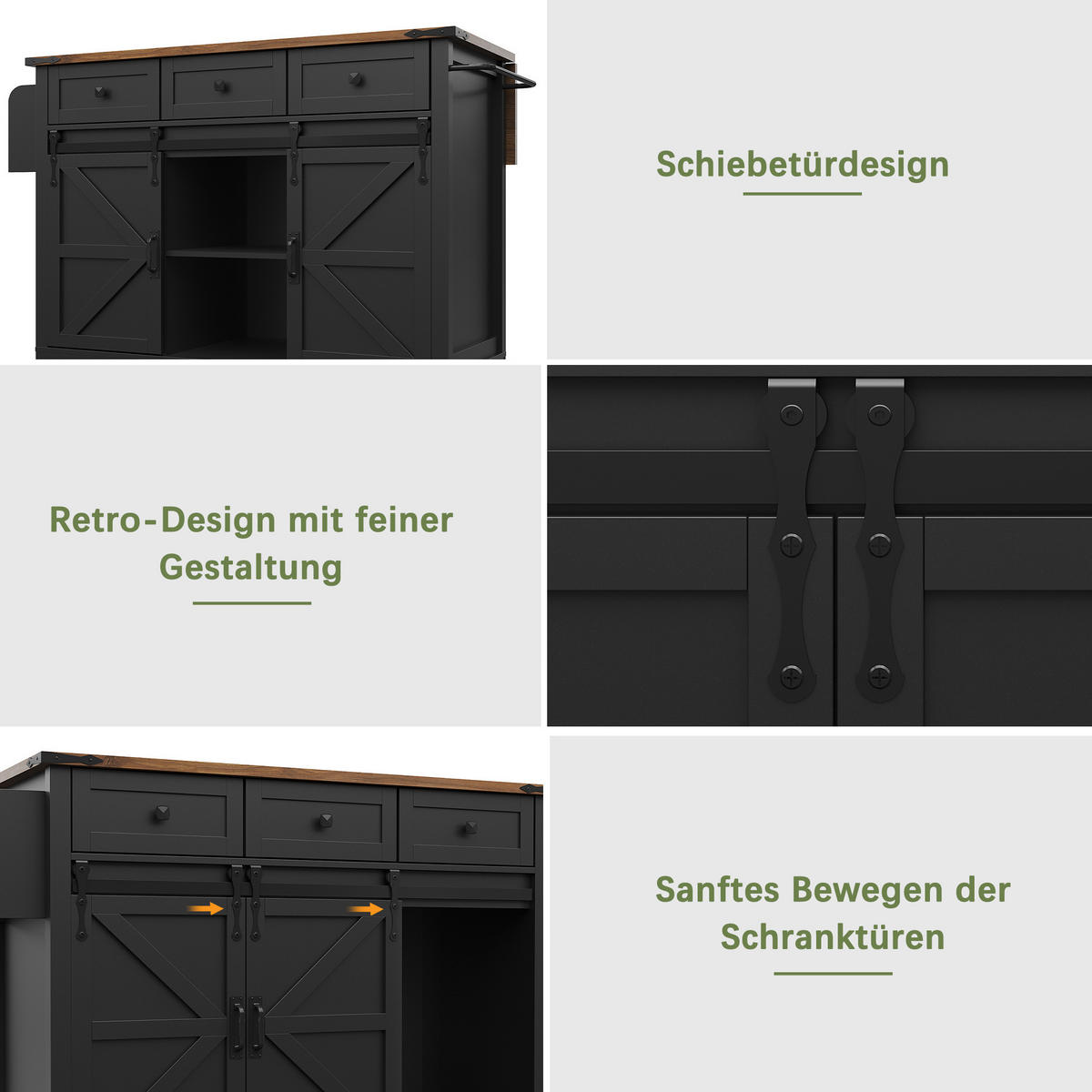 KÜCHENINSEL 140/45/94 cm Schwarz aus MDF mit klappbarer Arbeitsplatte - Schwarz, Holzwerkstoff (45/94/140cm) - OKMYHOME