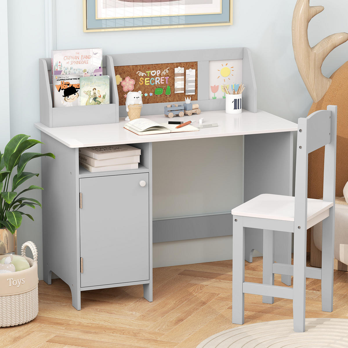 KINDERSCHREIBTISCH mit Stuhl grau(2-tlg) - Grau, Holzwerkstoff (90/85.5/45cm) - COSTWAY