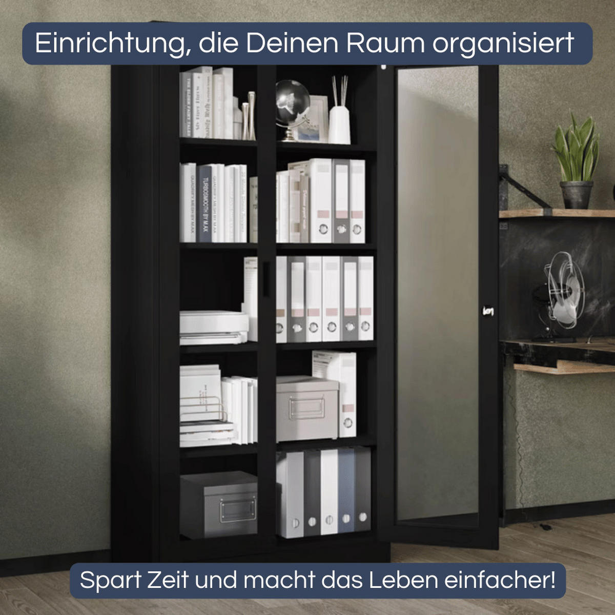 VITRINENSCHRANK abschließbar AMELIA mit Glastüren 185x90x40cm Schwarz - Schwarz, Metall (90/185/40cm) - Jan Nowak