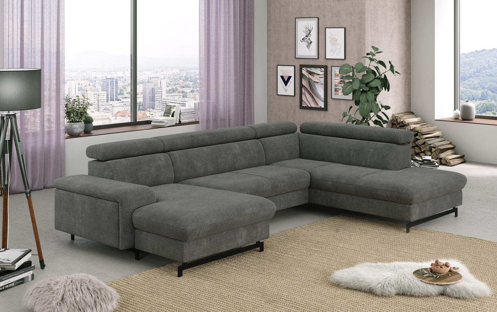 Thumbnail - Cotta Wohnlandschaft, Grau, Textil, Echtholz,Fichte, 5-Sitzer, U-Form,L-Form, 215x81x328 cm, Wohnzimmer, Sofas & Couches...