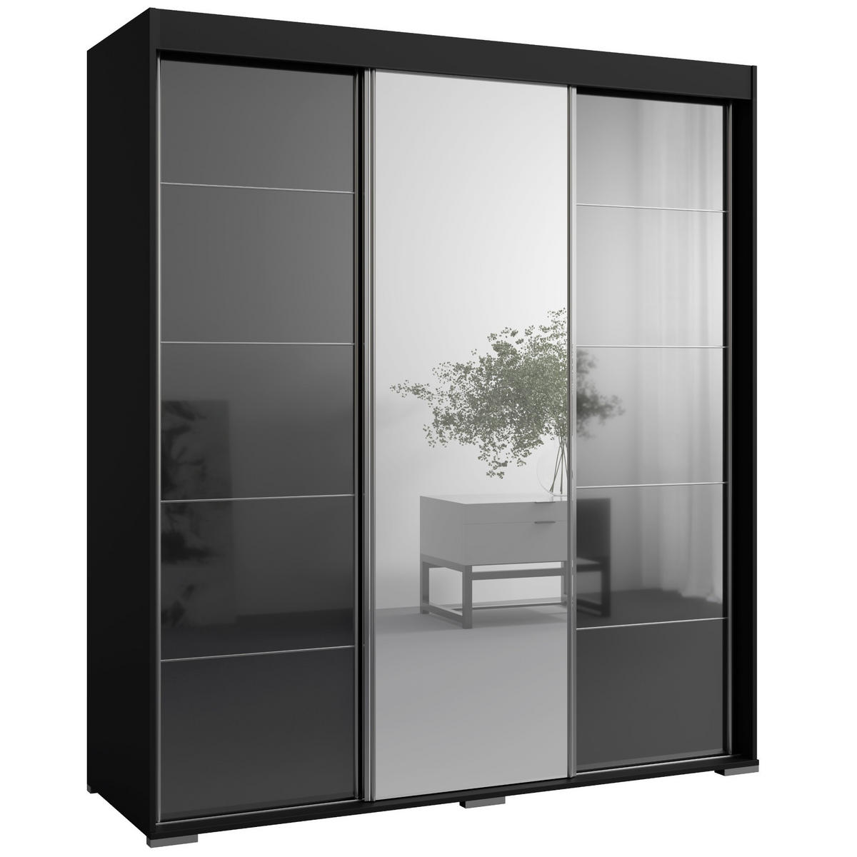SCHIEBETÜRENSCHRANK mit Schubladen und Spiegel Como 3D1L 180 Schwarz (lacobel) - Silberfarben/Schwarz, Holzwerkstoff/Metall (180/208/67cm) - mzm24