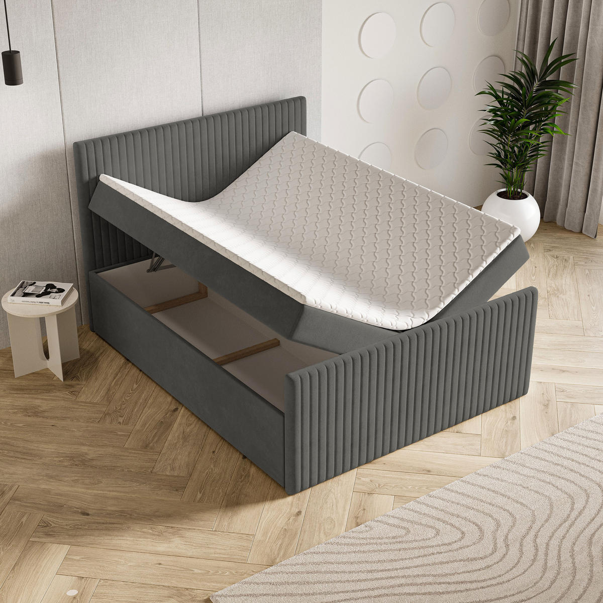 BOXBETT TERVAN 140x200 cm mit Matratze und Topper - Grau - Grau, Holz (140/200cm) - MASSENO