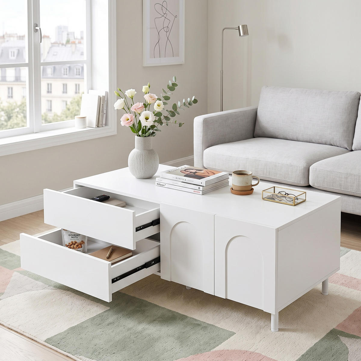 COUCHTISCH Weiß Rechteckig mit 2 Schubladen & Bogen-Türen - Weiß, Holzwerkstoff (50/100/39.5cm) - Urban Meuble