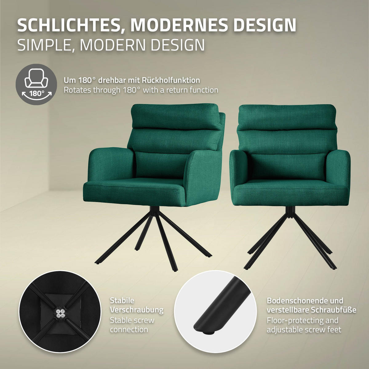 ESSZIMMERSTUHL 4er Set drehbar Dunkelgrün Stoffbezug - Dunkelgrün/Schwarz, Textil/Metall (64.5/93/64cm) - ML-DESIGN