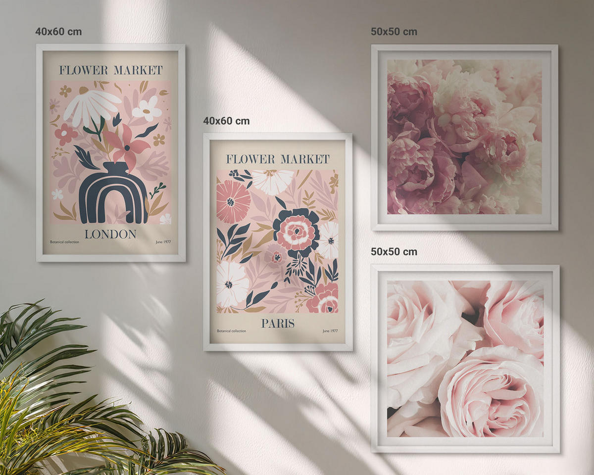 WANDBILDER 4er-Set - 50x50 cm & 40x60 cm Weißer Rahmen - Blumenmotive Rosen Paris - Weiß, Kunststoff (50/50cm) - ArtPrintCave