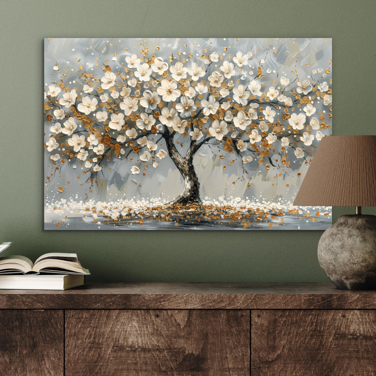 METALLBILD Baum - Blumen - Weiß - Natur - Kunst 60x40 cm - Weiß, Metall (60/40cm) - MuchoWow