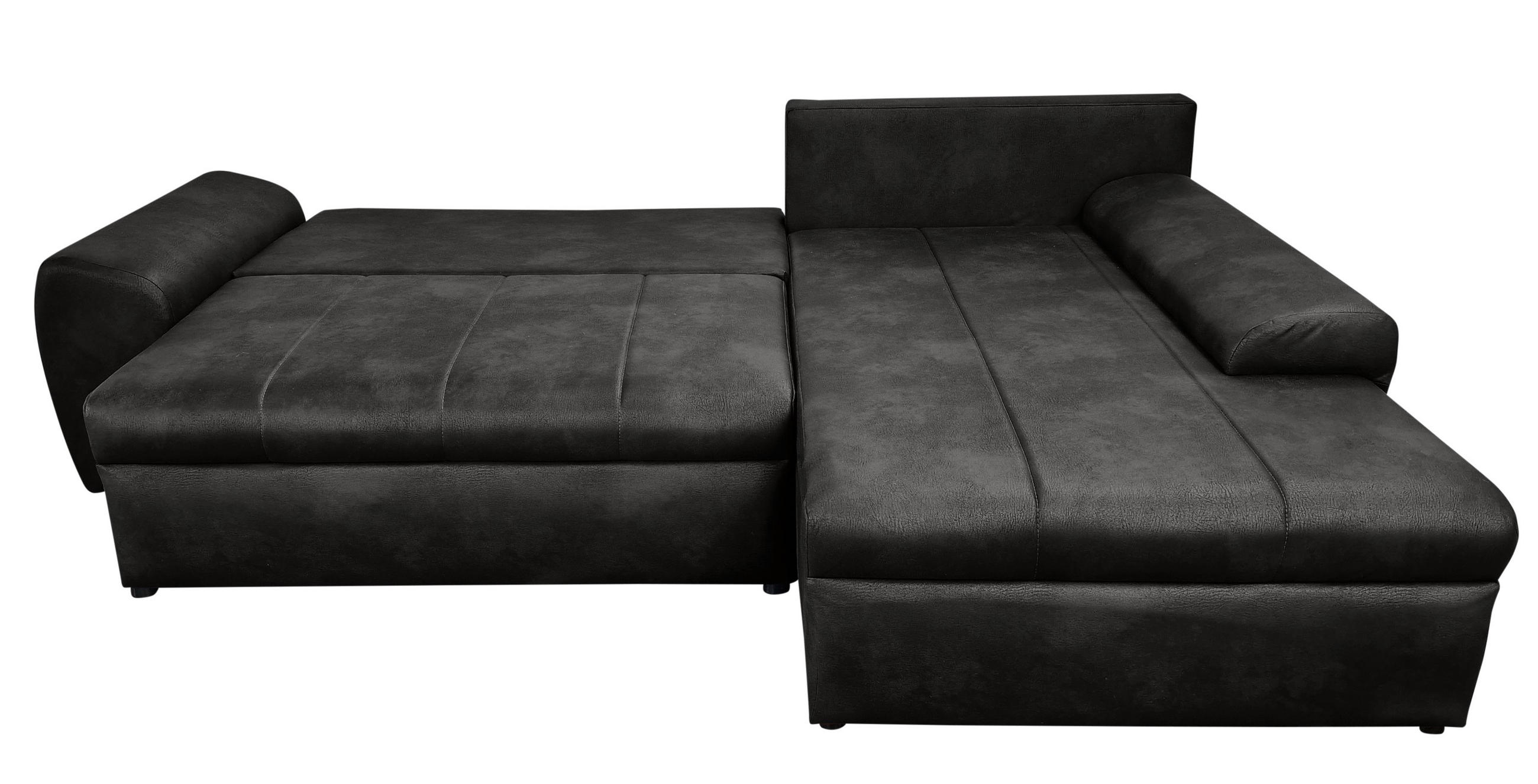 ECKSOFA mit Schlaffunktion, Bettkasten, Wellenunterfederung, Ottomane rechts B266/T186/H90 cm, Mikrofaser Leder-Optik Vintage Schwarz / 18013 - Schwarz, Kunststoff/Textil (266/186cm) - luma-home