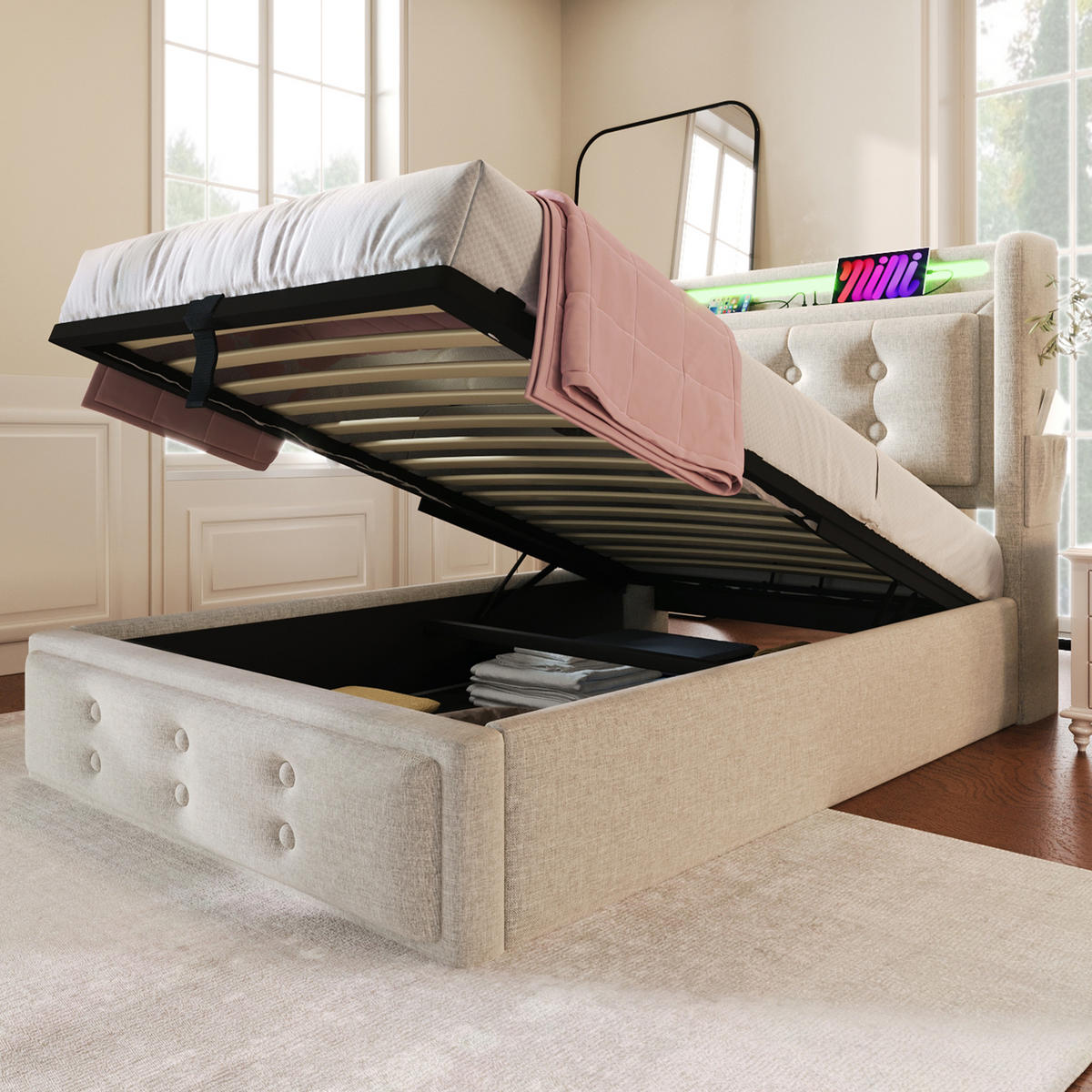 POLSTERBETT 90/200 cm mit LED-Beleuchtung, Steckdose, USB-C und Bettkasten,und Matratze, Beige - Beige, Textil (90/200cm) - Redom