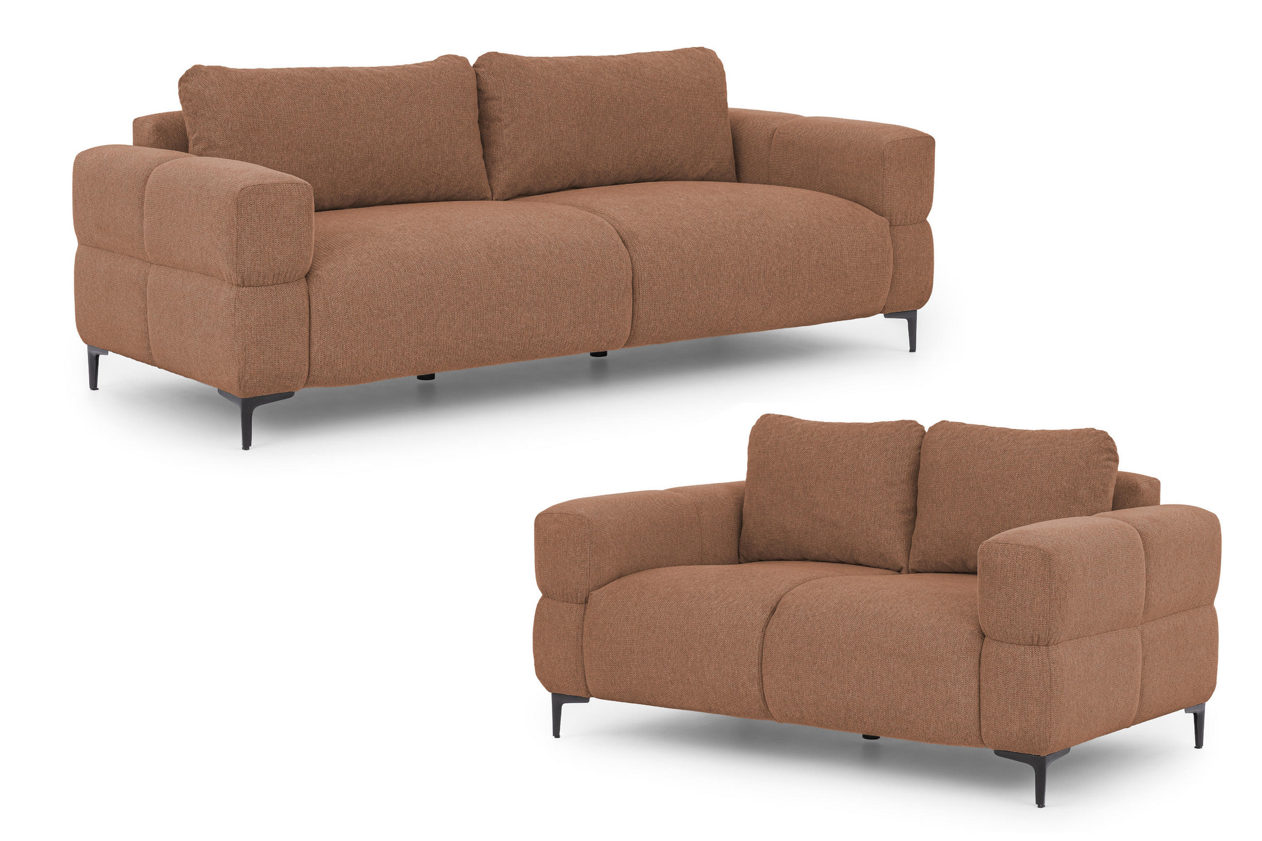 SITZGARNITUR 3+2 Cardea in Bubble-Optik aus weichem Terrakotta Strukturstoff mit hohem Sitzkomfort - Terracotta/Schwarz, Holz/Textil (217/80/97cm) - S-Style Möbel