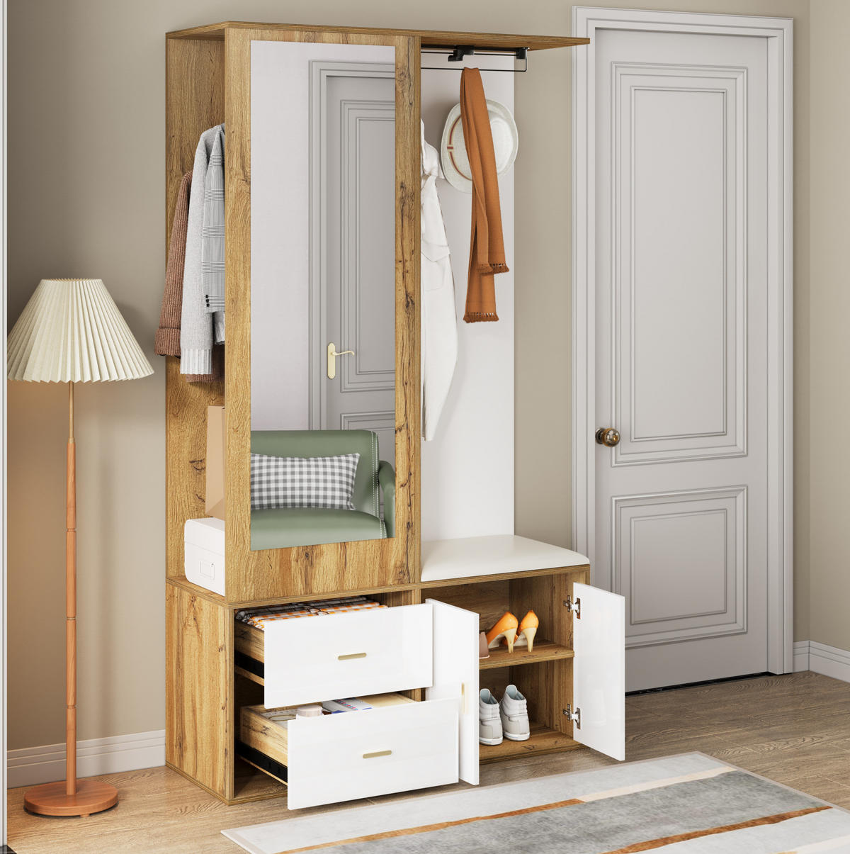 GARDEROBENSET 100/38/180 cm mit Spiegel, Schuhbank und ausziehbarer Kleiderstange, Weiß/Natur - Weiß, Holzwerkstoff (100/180/38cm) - Redom
