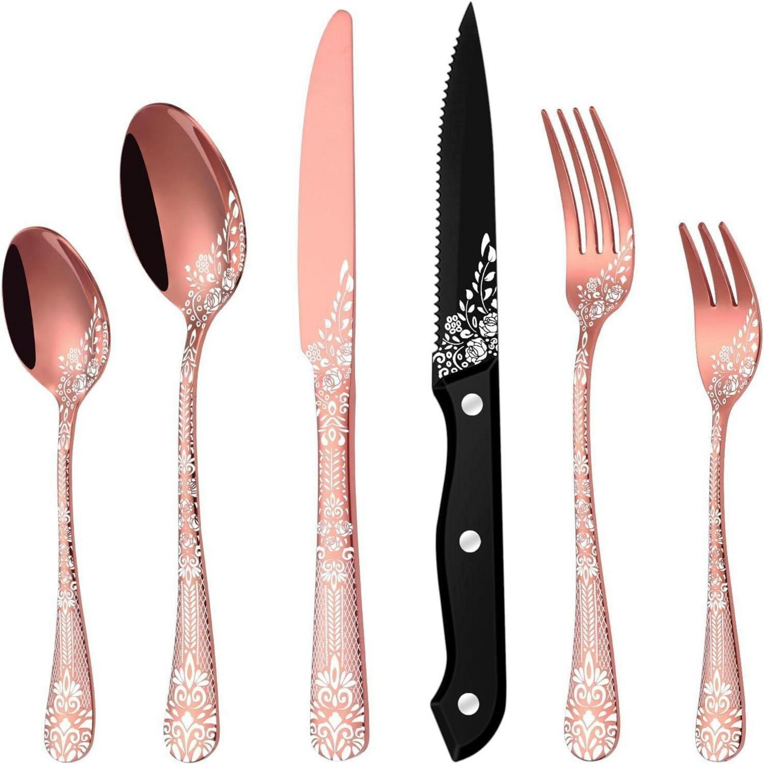BESTECKSET 36-teilig Roségold für 6 Personen mit Blumenmuster - Rot, Metall