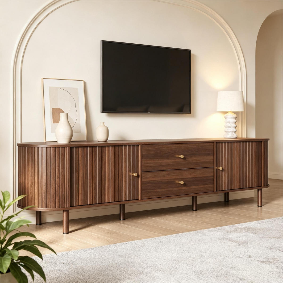 TV-ELEMENTLOWBOARD 180x40x58cm Holzoptik-Nussbaum mit Schiebetüren und Schubladen - Walnussfarben, Holz (46.51/18.01/75.79cm) - Raelunyi