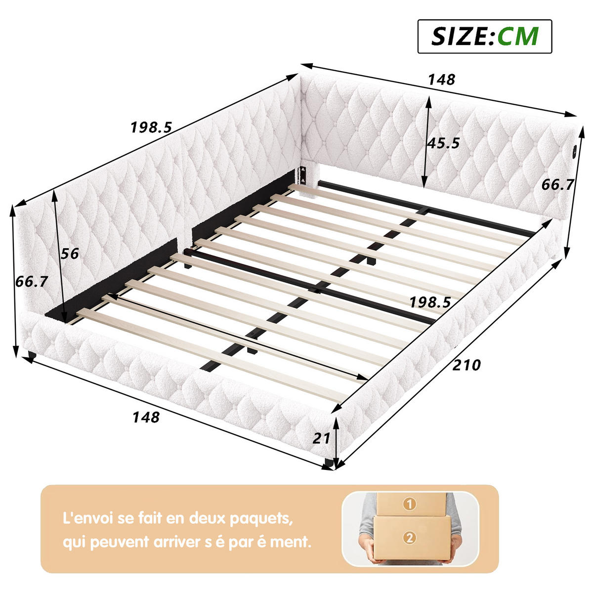 TAGESBETT Polsterbett 140x200 cm, Beige, LED-Beleuchtung und USB-Anschluss - Beige, Textil/Metall (140/200cm)