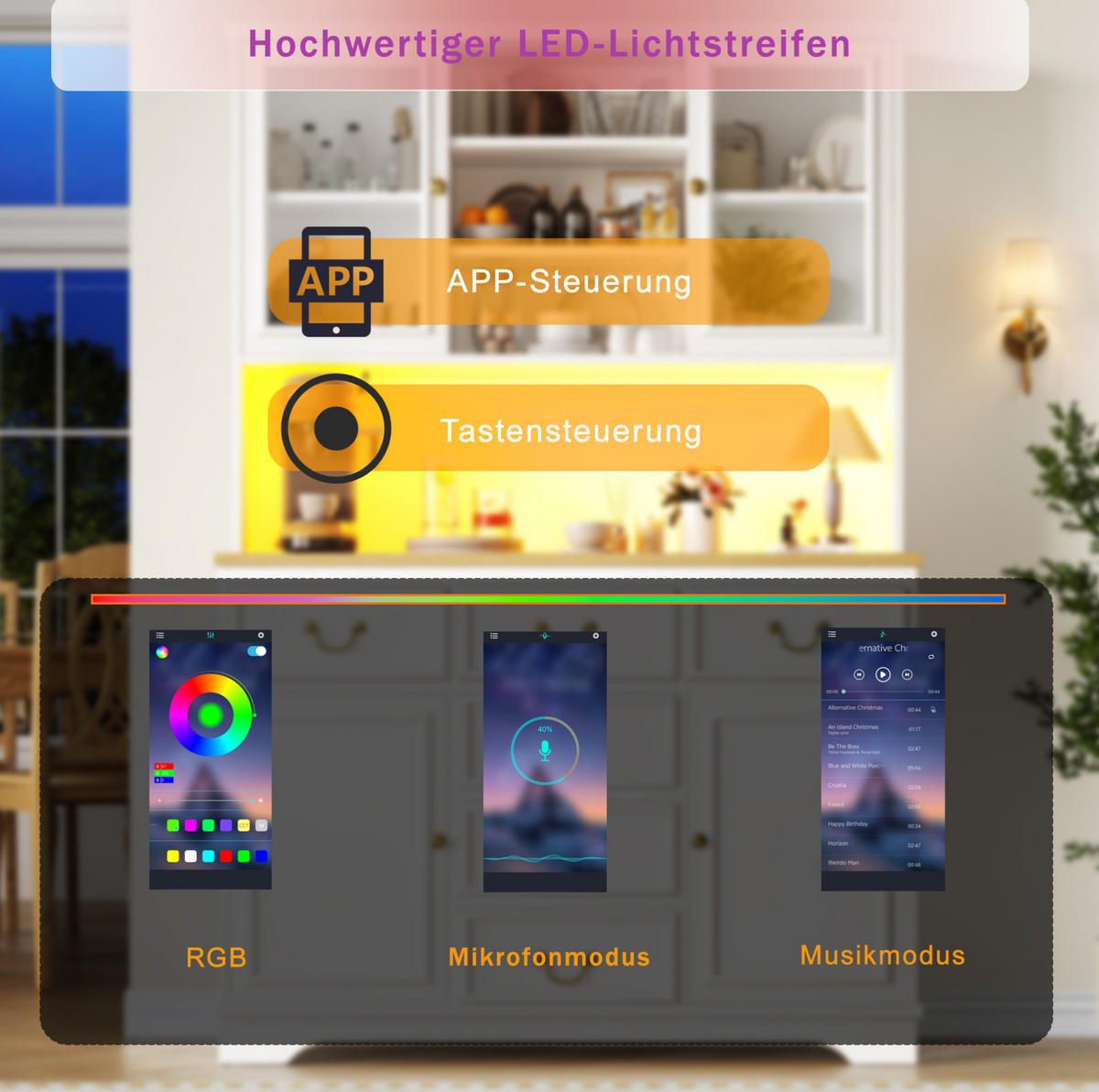 BUFFETSCHRANK 118/39,5/180 cm Weiß aus MDF mit LED - Weiß, Holzwerkstoff (118/180/40cm) - OKWISH