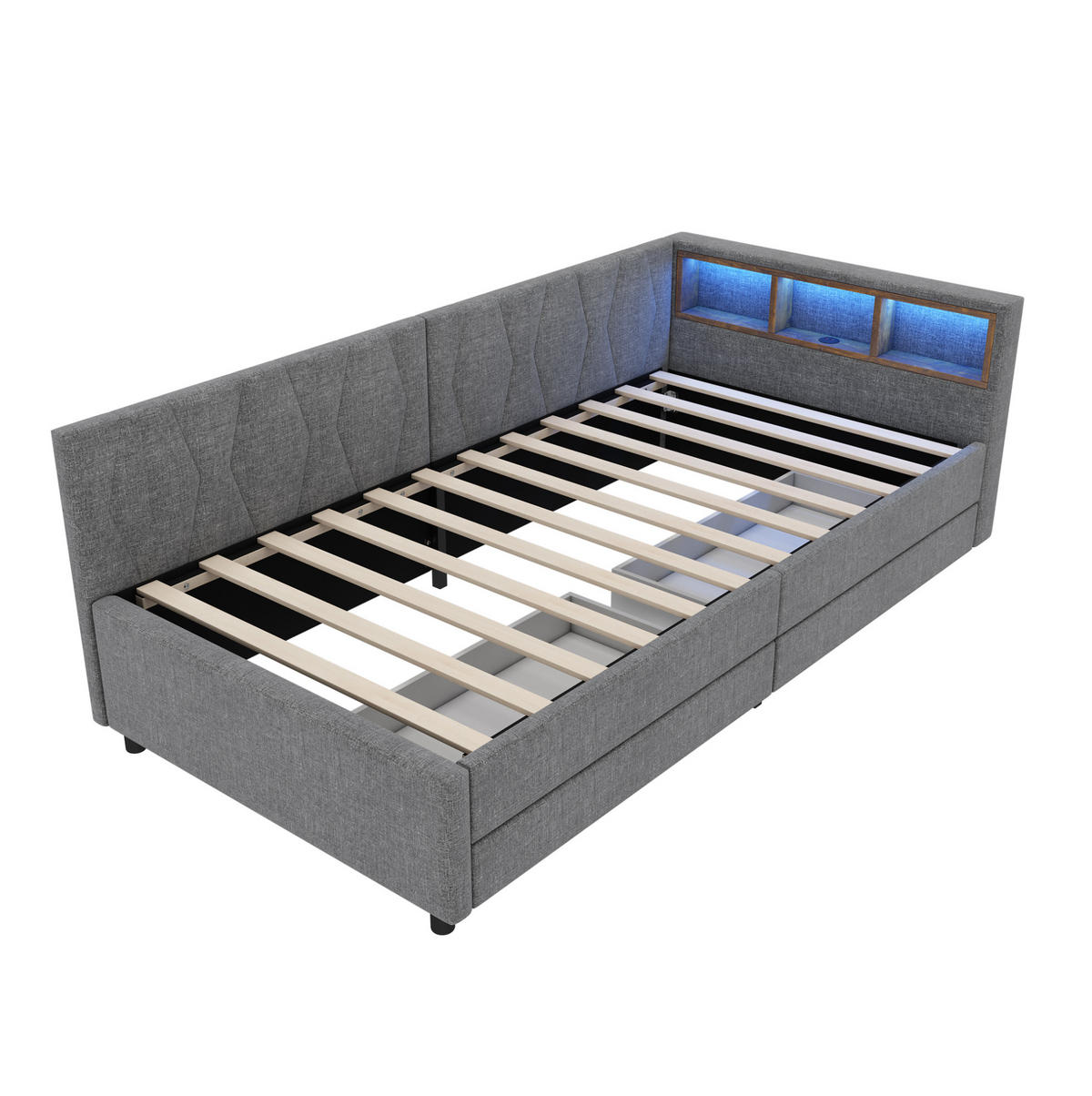 POLSTERBETT 90/200 cm mit Schubladen, LED und USB- und Type-C-Anschlüssen - Grau, Textil (90/200cm) - Flora Grace