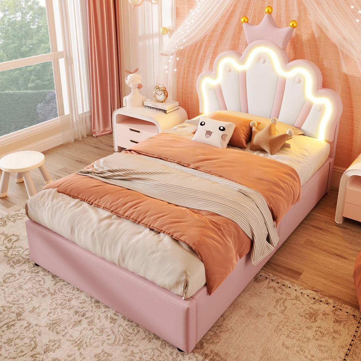 KINDERBETT Polsterbett 90/200 cm aus PU mit LED-Lichtband und hydraulischem Stauraum Rosa - Rosa, Leder (90/200cm) - Modenvie