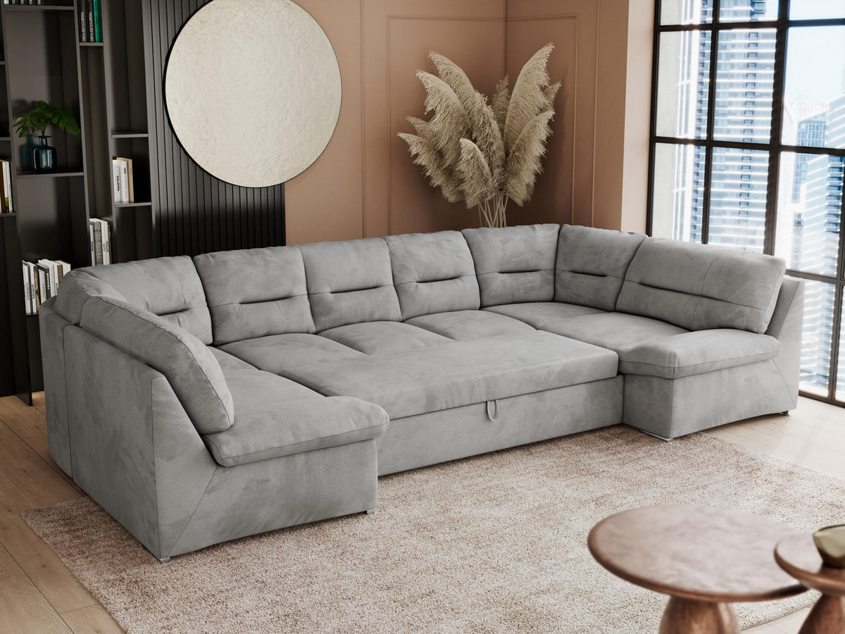 WOHNLANDSCHAFT COMODO U Hellgrau Velvet - Silberfarben/Hellgrau, Textil/Metall (340/93/206cm) - MKS