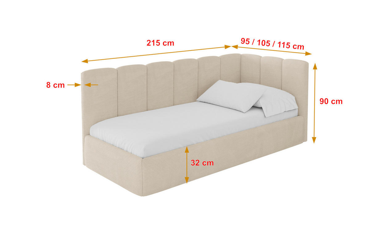 EINZELLBETT Jugendbett mit Bettkasten, Links - DEXY 90x200 Beige - Creme, Holzwerkstoff/Textil (90/200cm) - ALTDECOR
