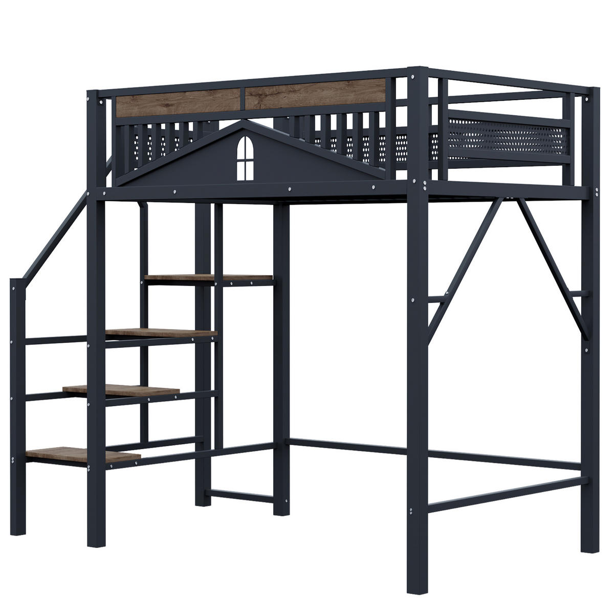 HOCHBETT 140/200 cm mit Sicherheitsleiter, Fensterdesign und Stauraum, Schwarz - Schwarz, Metall (140/200cm) - Redom