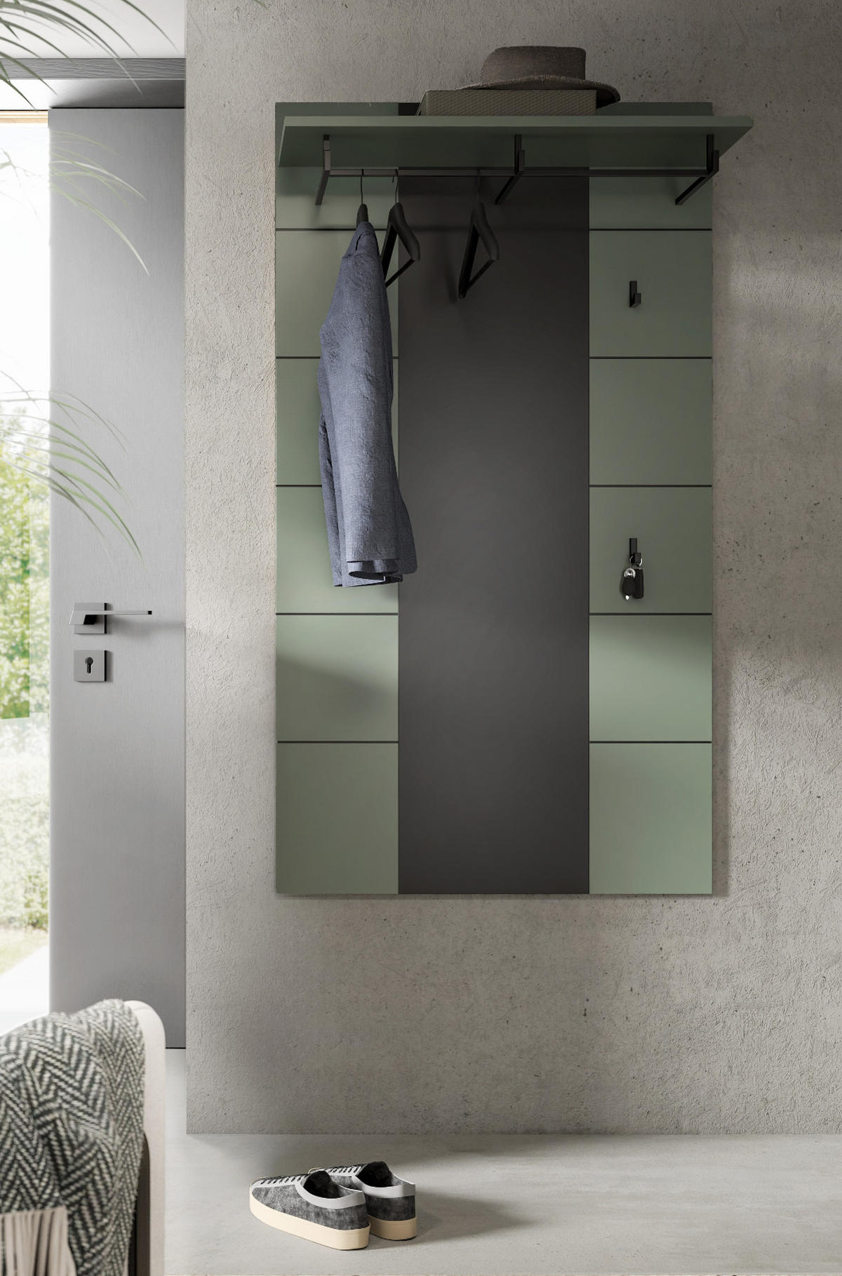 GARDEROBENPANEEL Salbei und Grau, Wandgarderobe 80 x 141 cm, Cooper - Salbeigrün/Dunkelgrau, Holzwerkstoff (80/141/29cm) - Inn.Furn