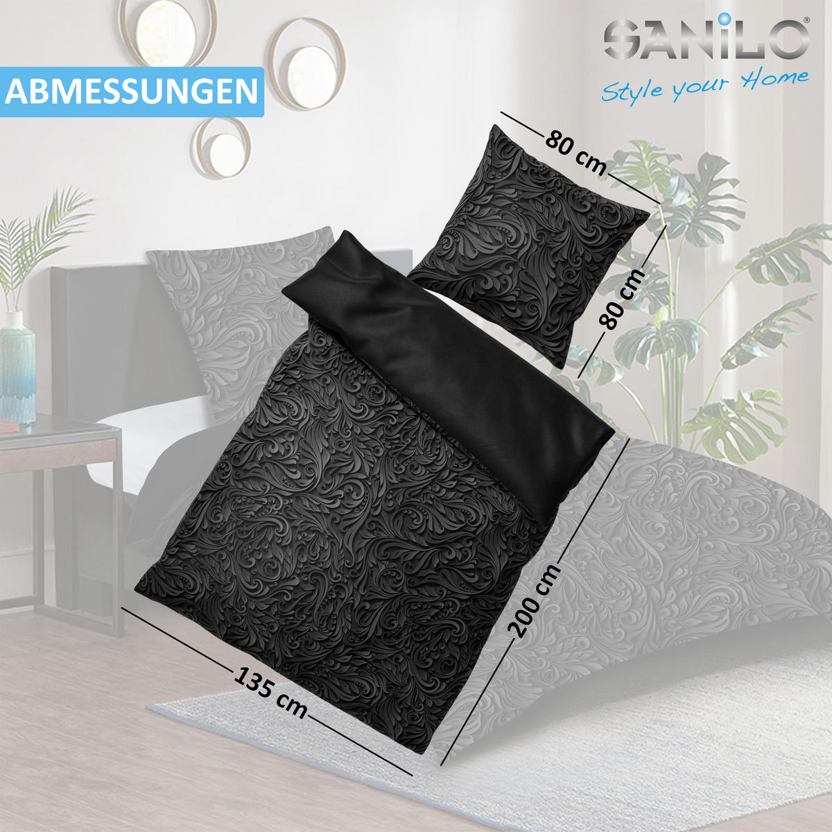 BETTWÄSCHE 2-teilig Floral - Schwarz, Naturmaterialien (135/200cm) - Sanilo