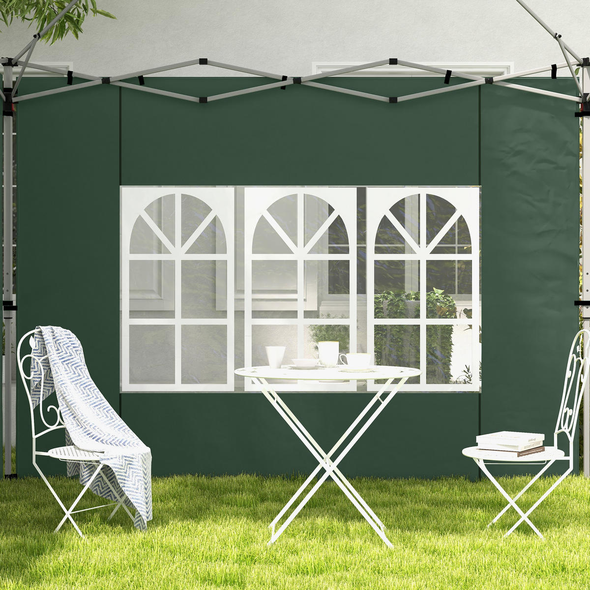 2ER-SET Seitenteile für Pavillon 3x3/3x4 m, Seitenwand mit Fenster, wasserdicht - Grün, Kunststoff/Textil (295/195/1cm) - Outsunny