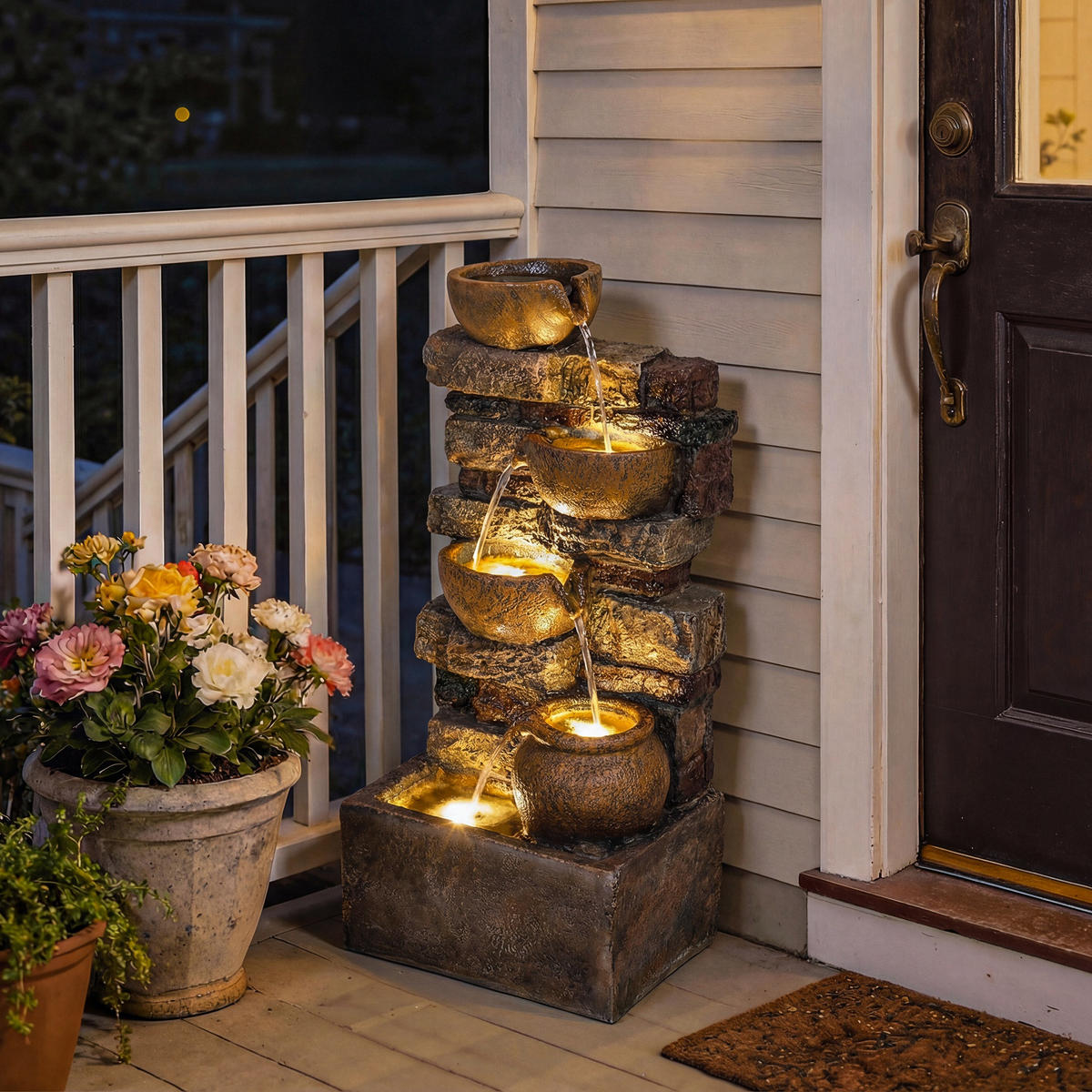GARTENBRUNNEN DE-18871 5-stufige Kaskade mit Krügen & LED Rustikales Braun - Multicolor, Kunststoff (31/25.5/72cm) - ComfortXL
